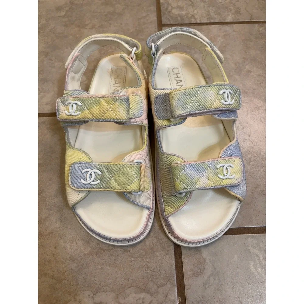 Authentic Chanel Pastel Tie Dye Denim Quilted Dad Sandals G35927 CC Logo 37C